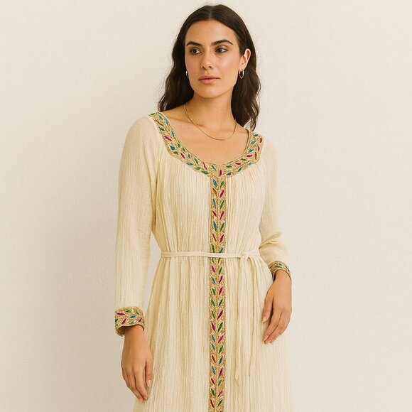 Vintage Ethiopian Cream Boho Maxi Dress Beaded Sequin Embroidered Ethnic - Picture 15 of 15